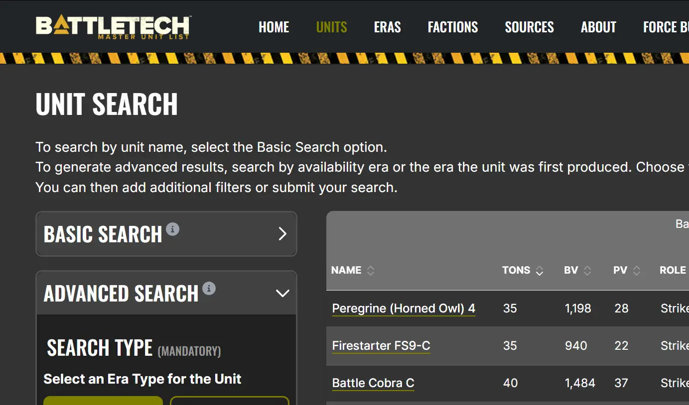BattleTech Master Platform unit search interface with advanced filters and unit results table