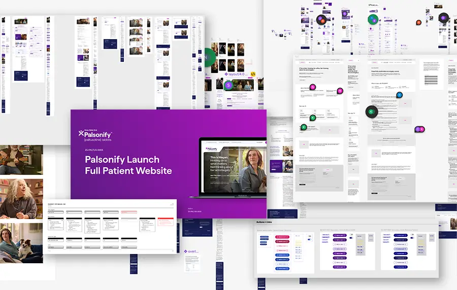 Figma design-system screenshots showing healthcare web components, reusable layouts, content modules, and complex page patterns