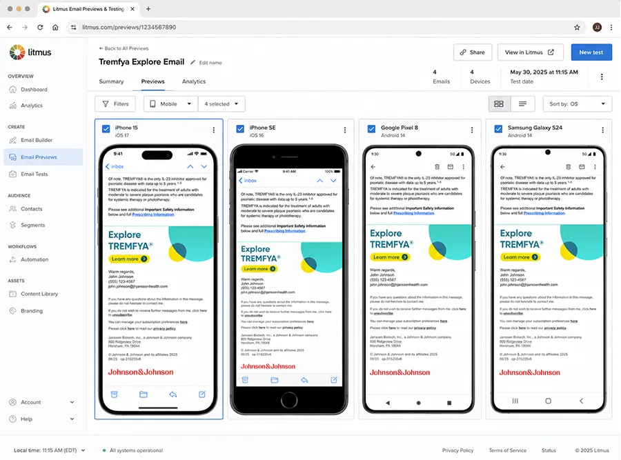 Litmus testing screenshots for complex Johnson & Johnson HTML email campaigns across clients, devices, and rendering environments