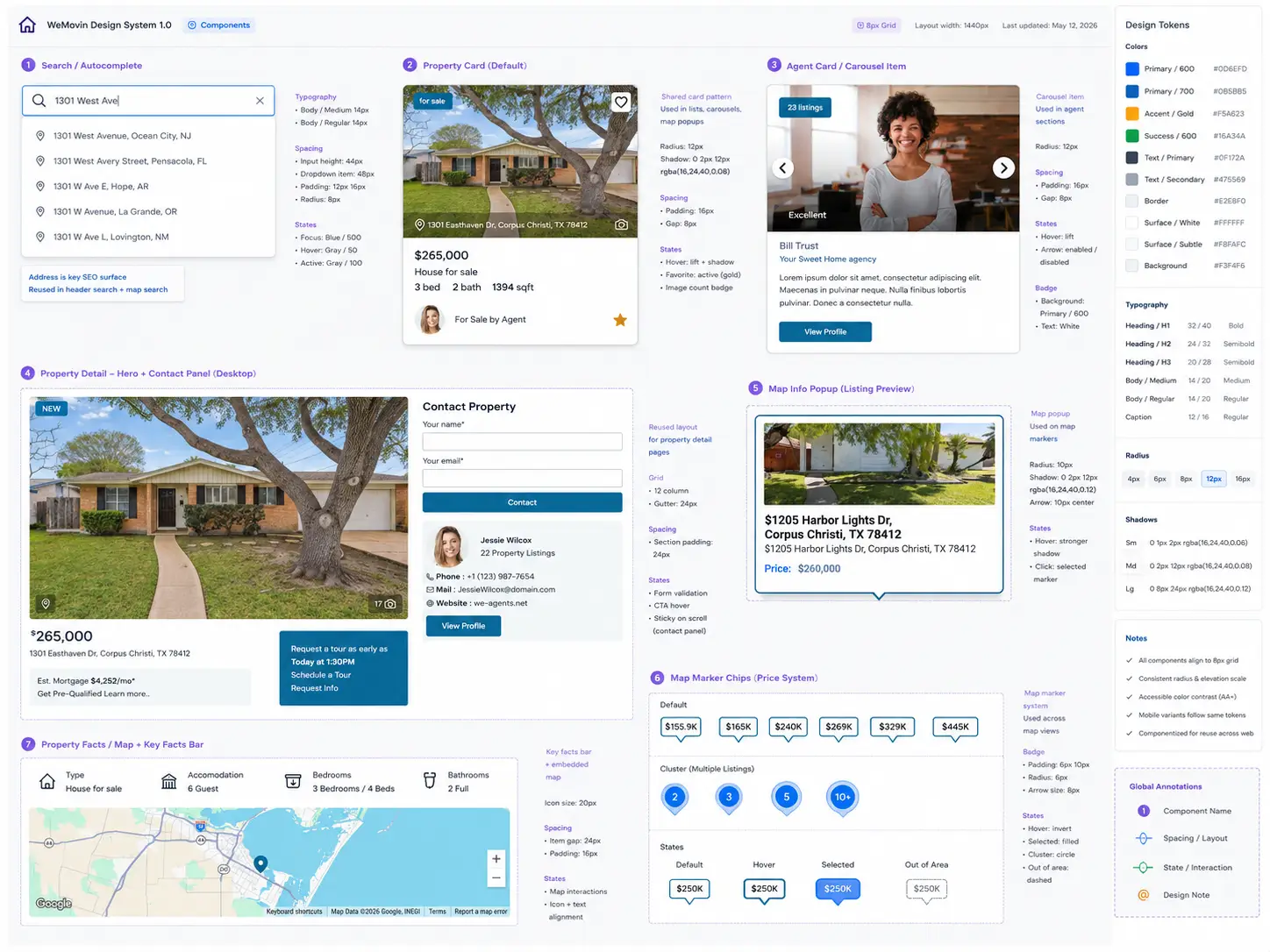 WeMovin UI system showing reusable components, design tokens, property cards, search input, map markers, filters, gallery, and property detail sections